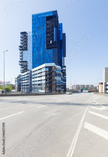 building design in blue glass