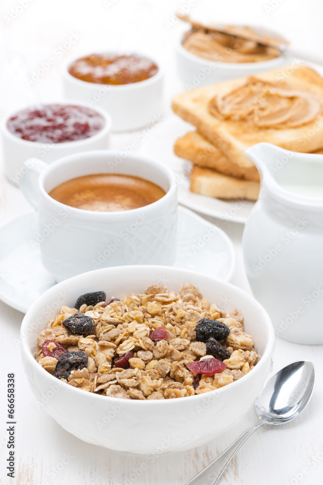 muesli, coffee, jams, toast and peanut butter for breakfast muesli, coffee, jams, toast and peanut butter for breakfast