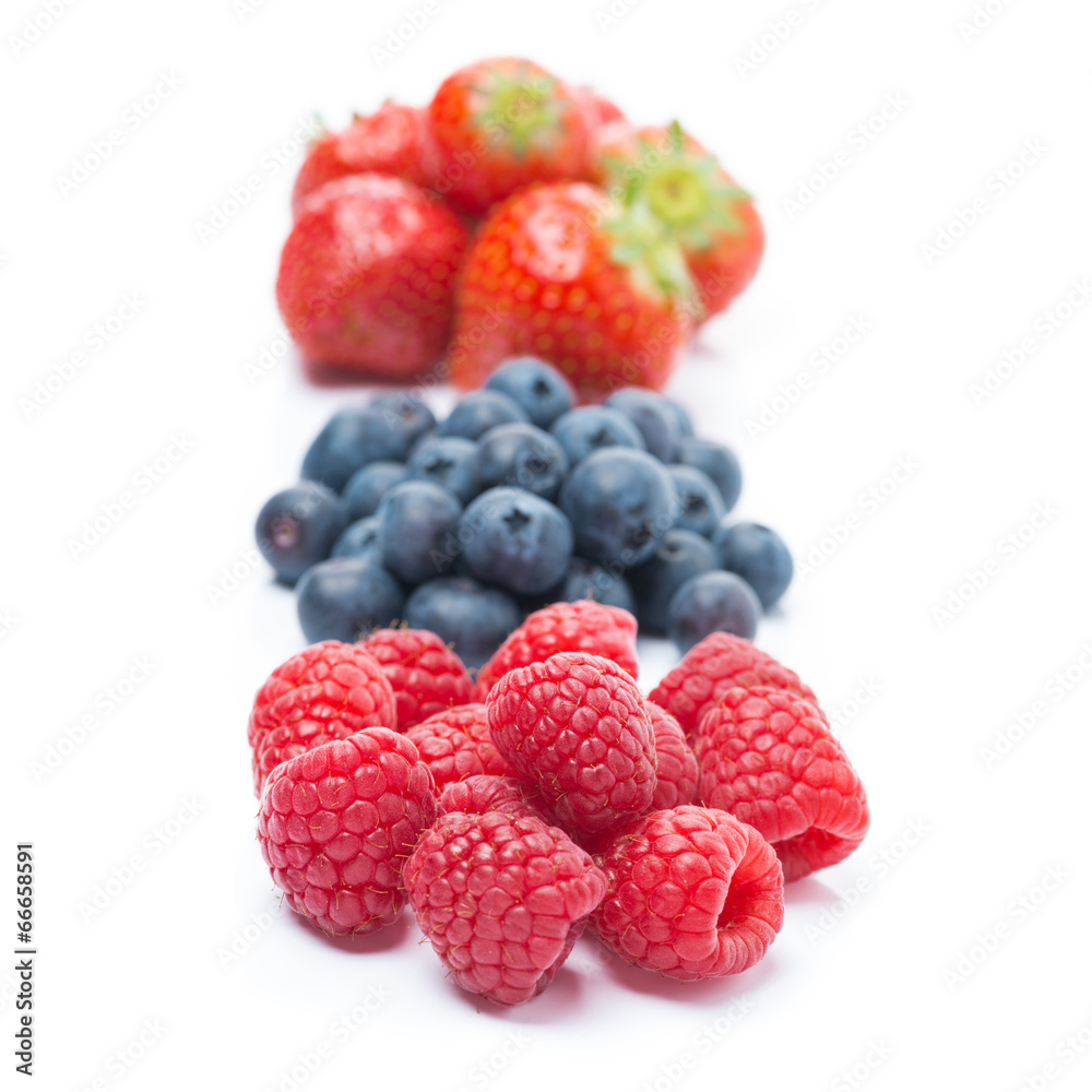 raspberries, blueberries and strawberries, close-up, isolated raspberries, blueberries and strawberries, close-up, isolated
