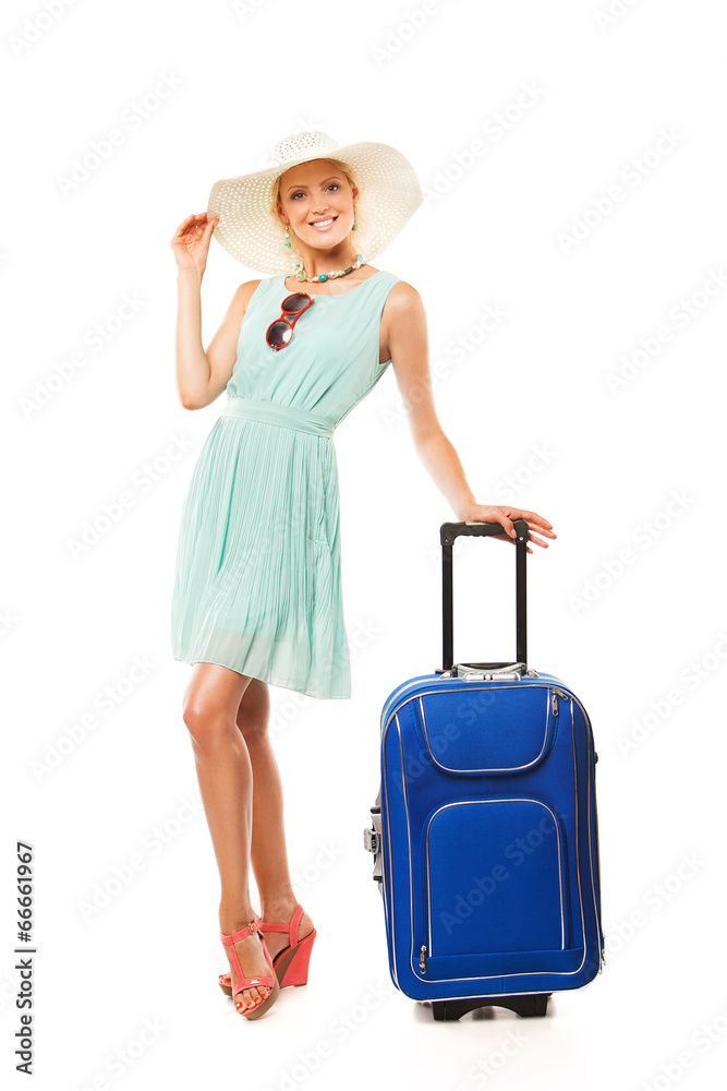 happy smiling woman with travel bag going to summer vacation on happy smiling woman with travel bag going to summer vacation on