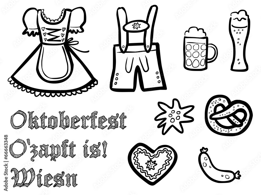 Schwarz-weiße, handgezeichnete Oktoberfest-Symbole – Vektor Stock