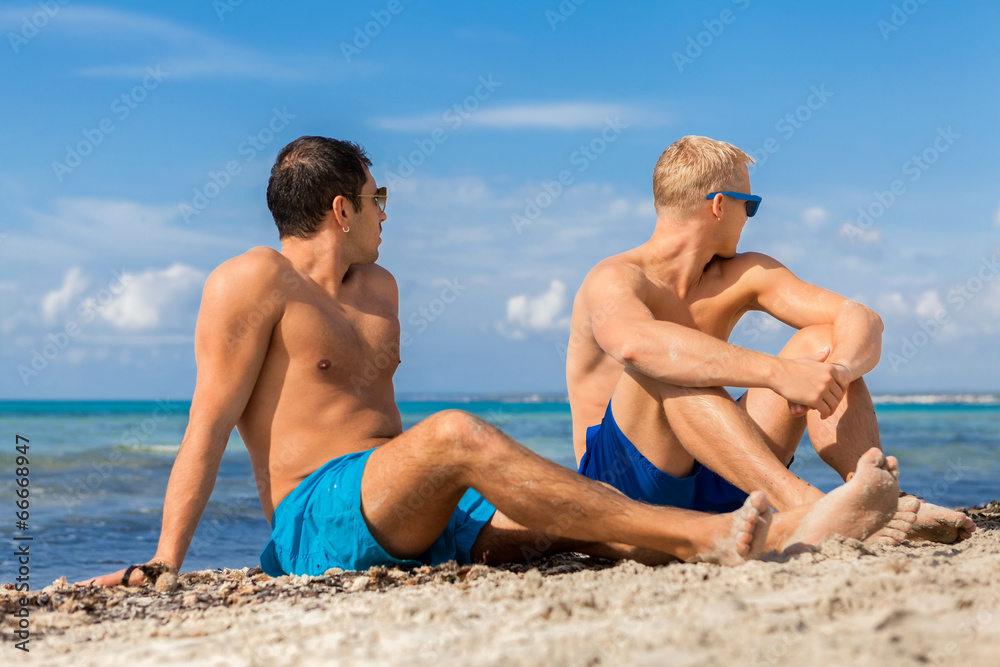 Two handsome young men chatting on a beach