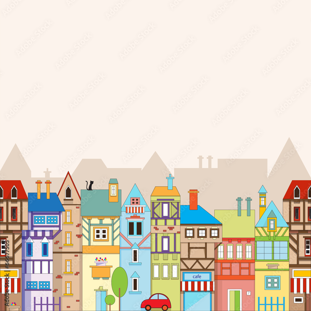 Seamless vector background with colorful houses