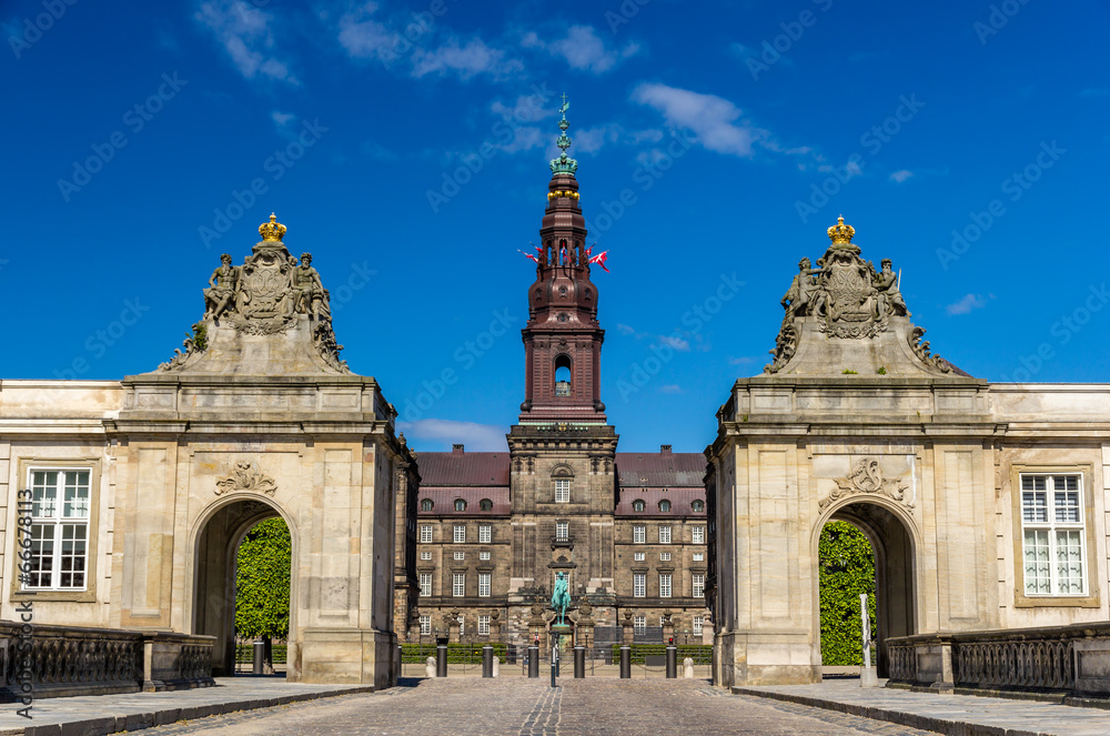 Entrance to Christiansborg Palace in Copenhagen, Denmark