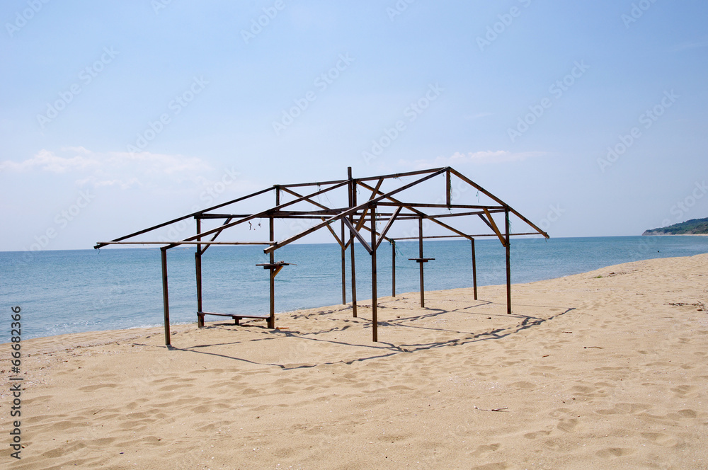 Wooden construction of hut on beach Wooden construction of hut on beach