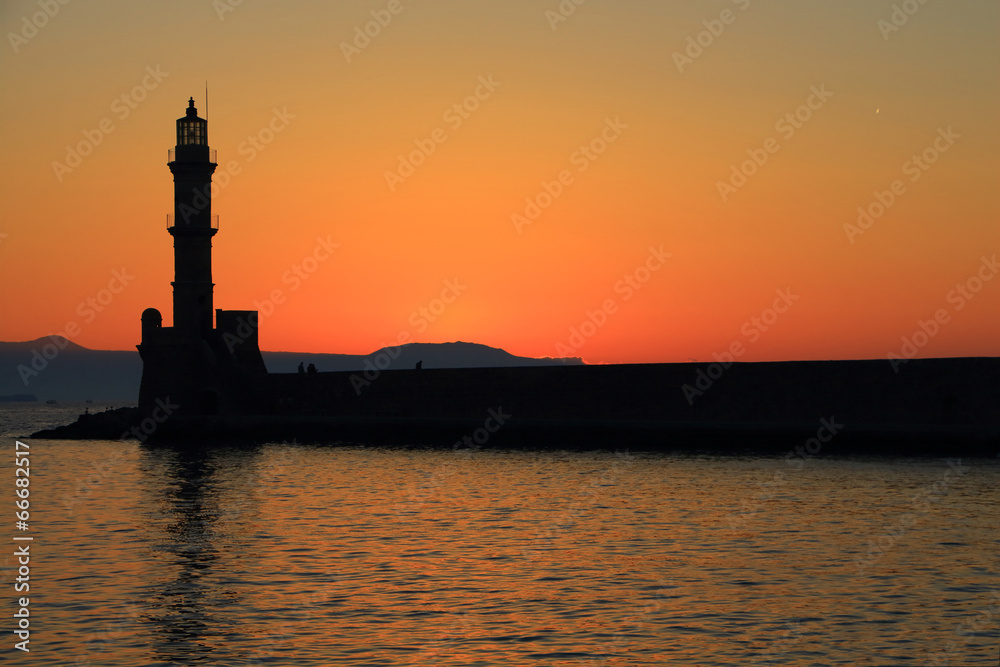 Dusk at harbor with lighthouse Chania Crete