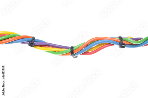 Electrical wires with cable ties isolated on white background 