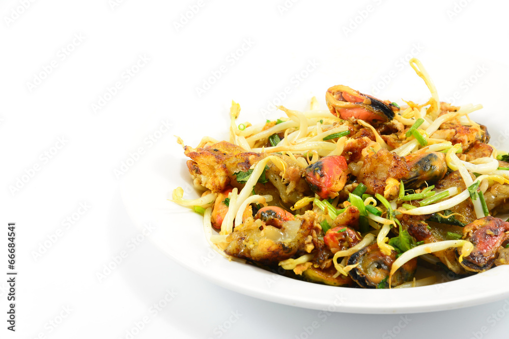 Oysters fried in egg batter or Oyster omelette isolate on white Oysters fried in egg batter or Oyster omelette isolate on white