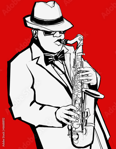 Jazz music saxophonist on a red background