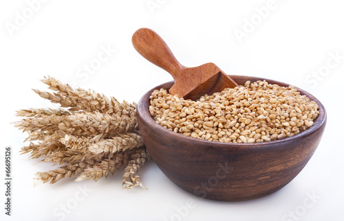 Ripe wheat in a wooden bowl isolated on white background
