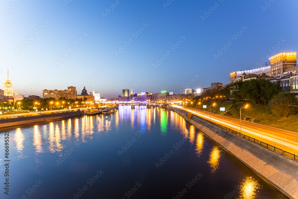 Night Moscow. River embankment and bridges