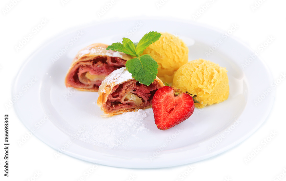 Tasty homemade strudel with ice-cream, fresh strawberry and Tasty homemade strudel with ice-cream, fresh strawberry and
