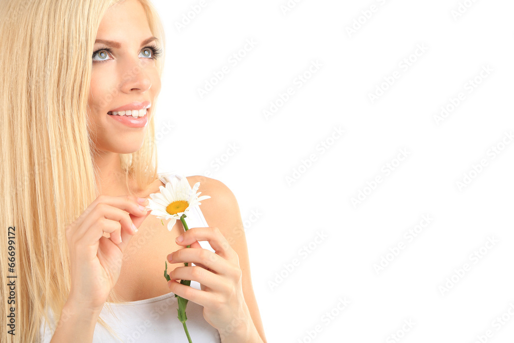 Young beautiful woman with chamomile isolated on white Young beautiful woman with chamomile isolated on white
