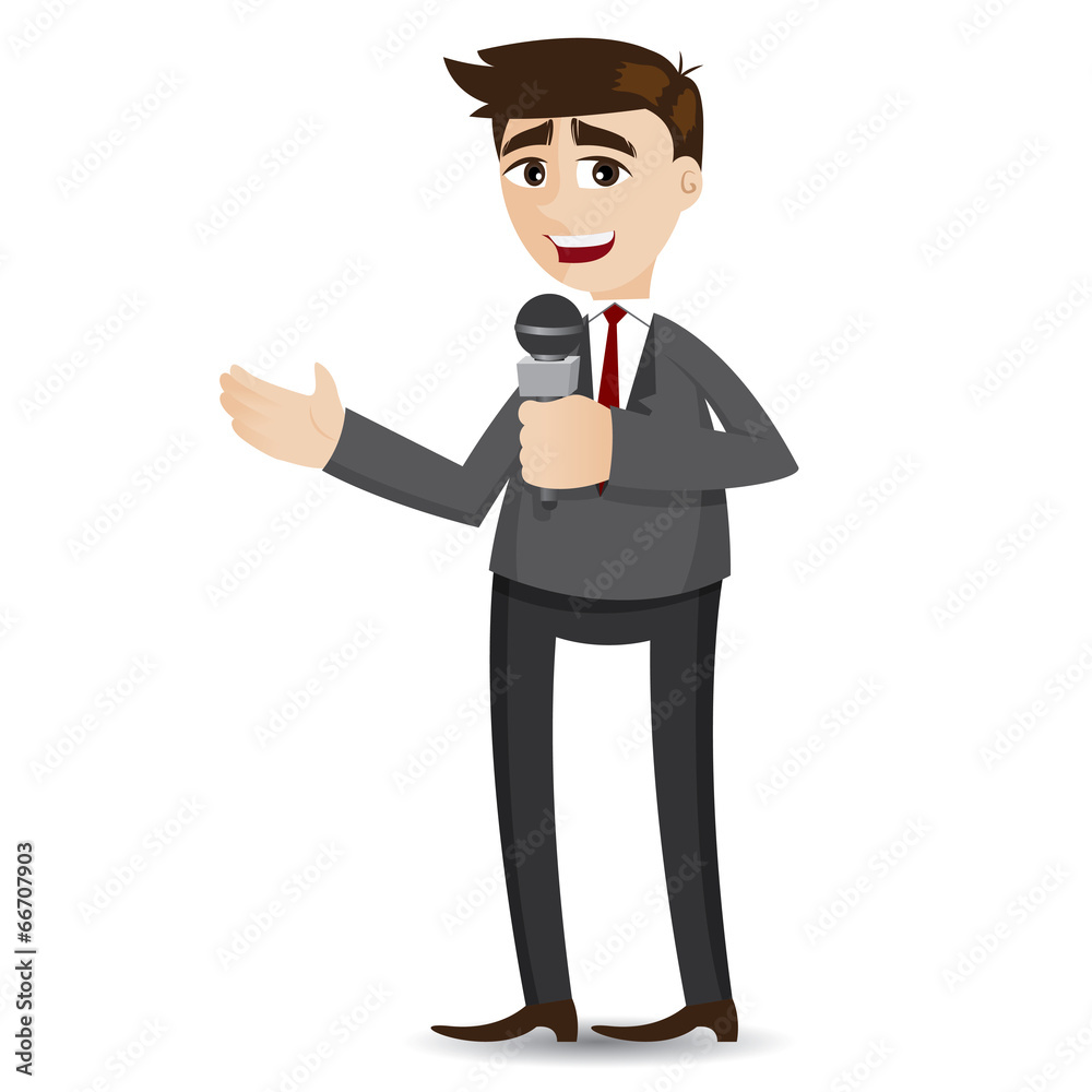 cartoon businessman tailking with microphone cartoon businessman tailking with microphone