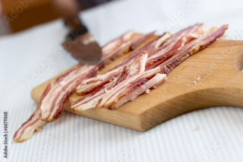 Bacon cut into strips, close up