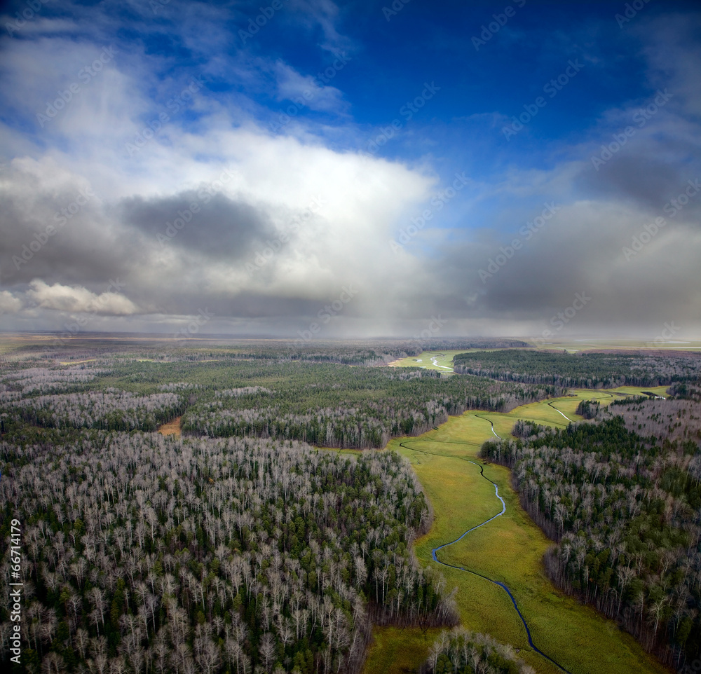 Obraz premium Autumn forest and snow clouds