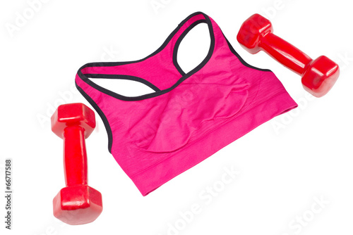 Bra and dumbbells, sports equipment, isolated photo