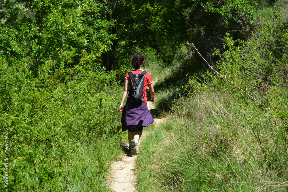 Obraz premium mujer caminando por un camino en el campo
