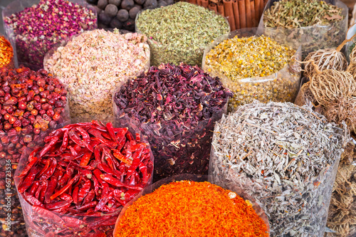 Photography Spices and herbs on the Deira market of Dubai, UAE