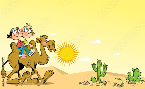 Children traveling on a camel through the desert