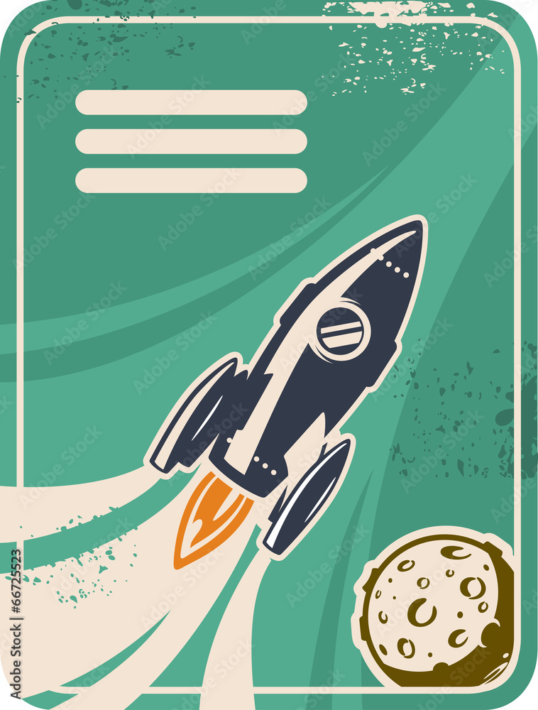 Obraz premium Retro card with rocket flying through Outer Space