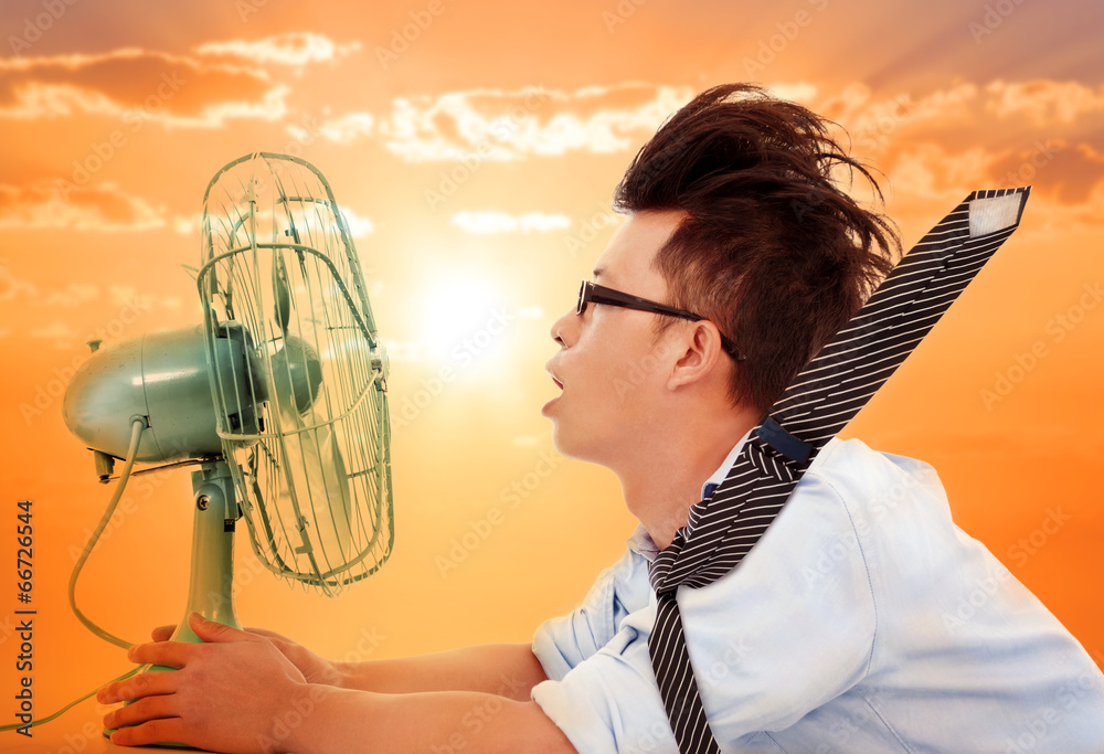 the heat wave is coming,business man holding a  electric fan - obrazy, fototapety, plakaty 