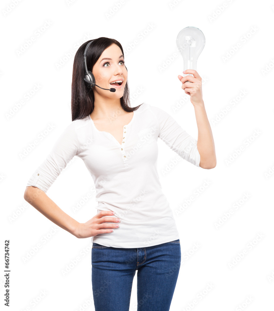 Young, confident and smiling customer support operator with a bu Young, confident and smiling customer support operator with a bu