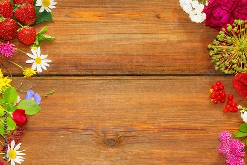 Flowers and Fruits on vintage wood table