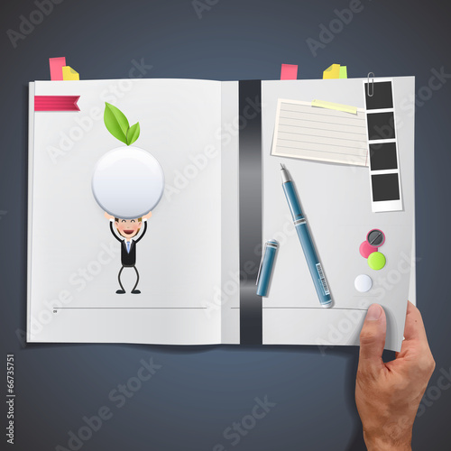 Business people with ecologic white button printed on book