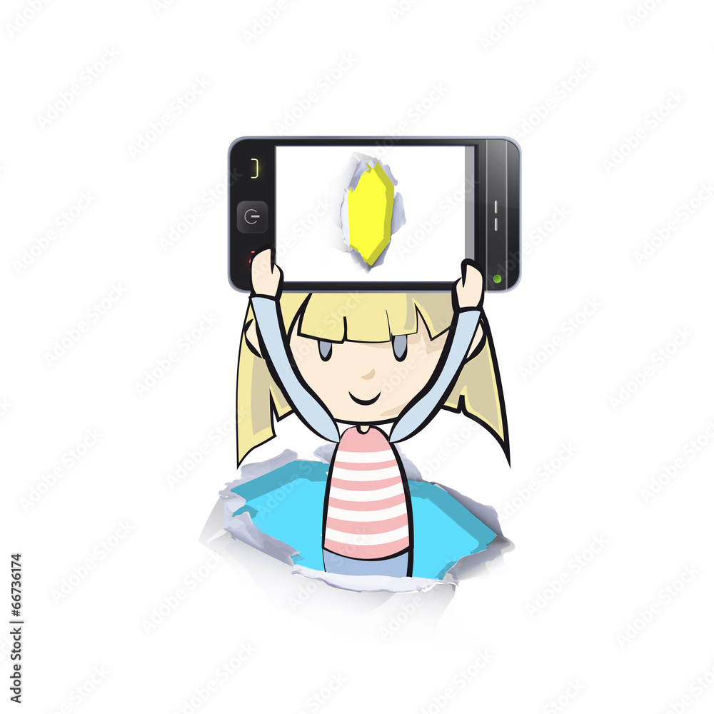 Kid holding Phones with colorful holes. Vector illustration.