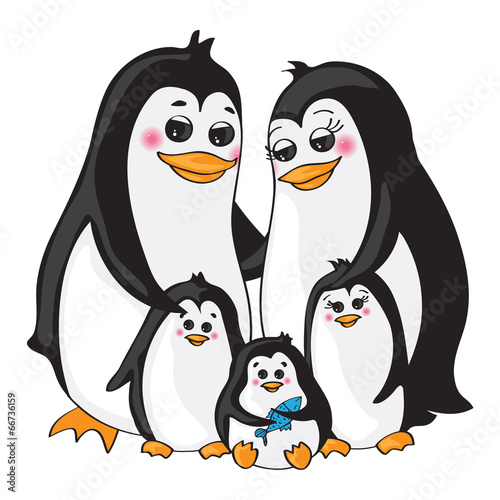 Penguins family on white background.