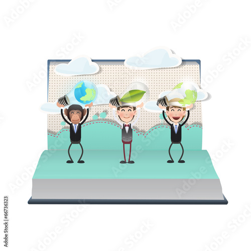 Business people holding ecologic bulbs on open book