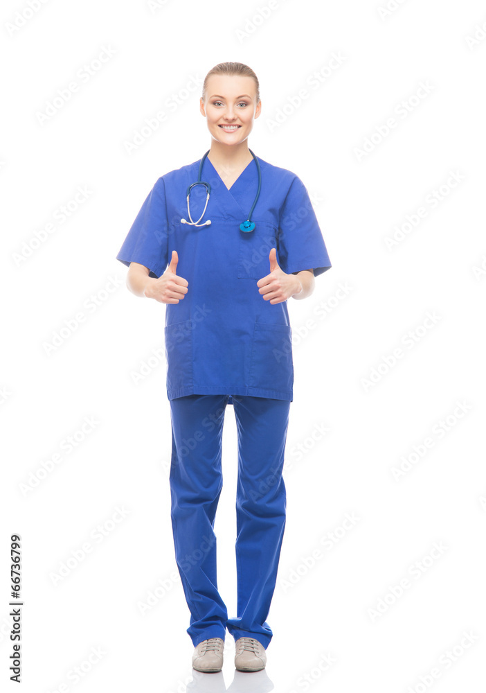 Young, professional and cheerful female doctor isolated on white Young, professional and cheerful female doctor isolated on white