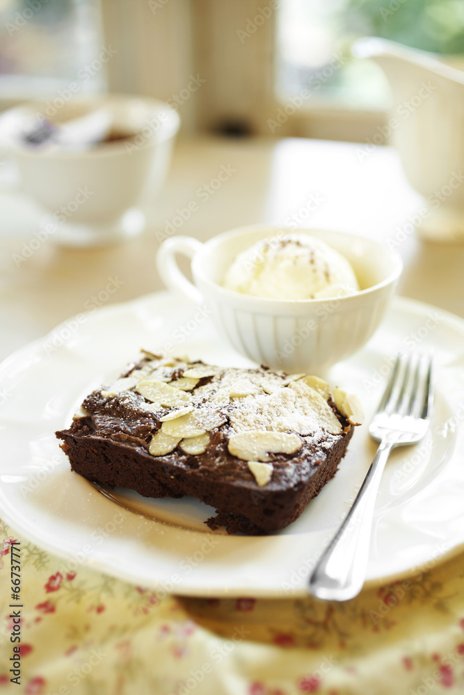 close up chocolate cake and almond slice in coffee shop