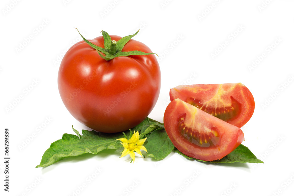 Sliced fresh red tomato on green leaves with yellow flower Sliced fresh red tomato on green leaves with yellow flower