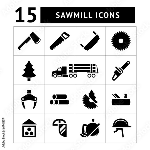 Set icons of sawmill, timber, lumber and woodworking