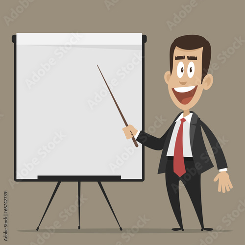Cheerful businessman points to flipchart