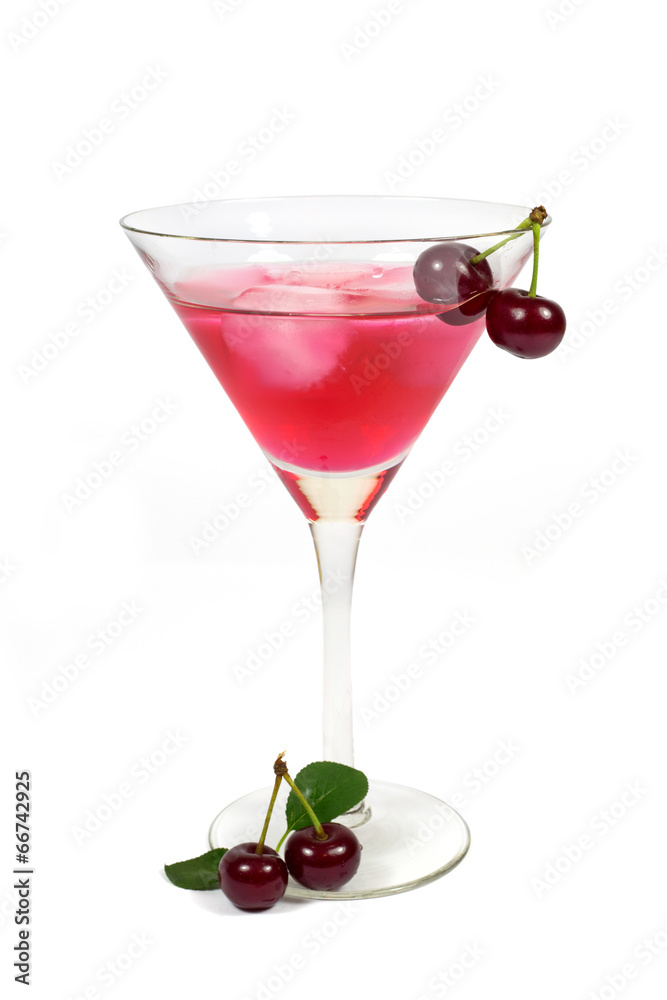 Cold cherries drink with ice cubes and fresh cherries isolated Cold cherries drink with ice cubes and fresh cherries isolated