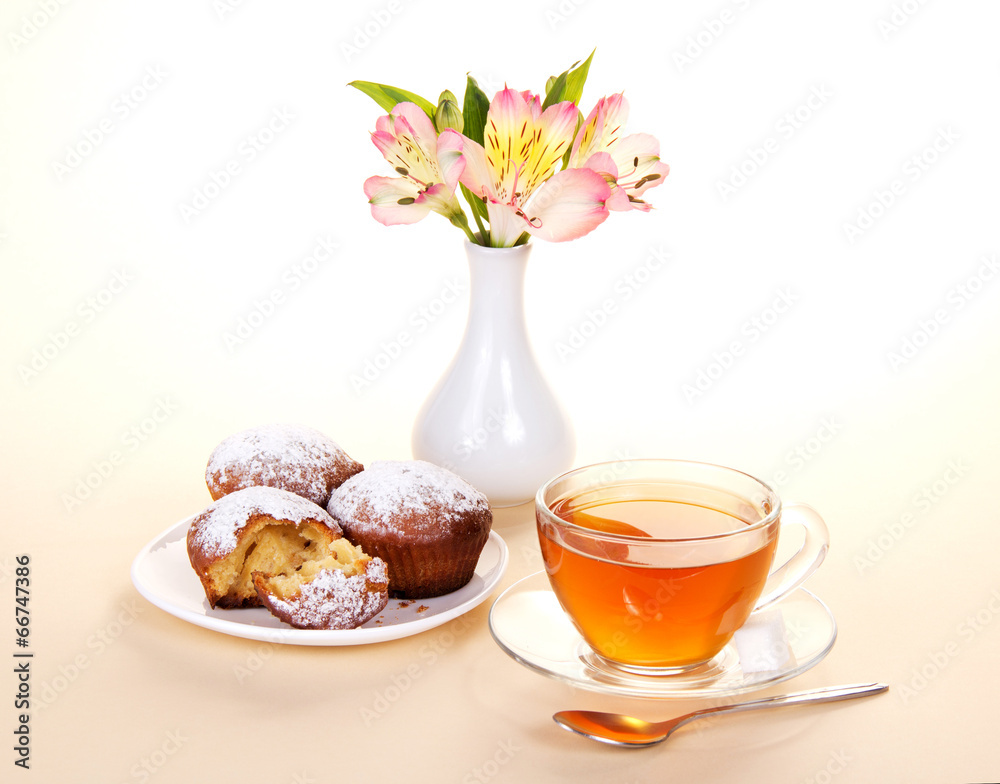 Tea with cupcakes for a breakfast Tea with cupcakes for a breakfast