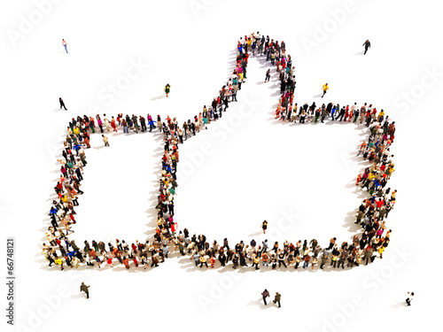 Large group of people in the shape of a thumbs up.
