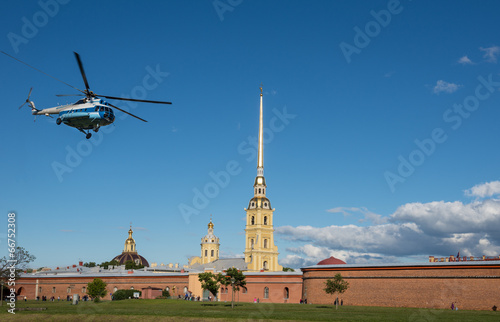 St. Petersburg. helicopter soars near Peter and Paul Fortress
