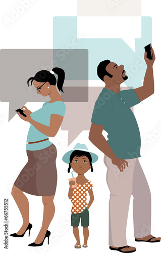 Parents concentrate on their phones ignoring a kid