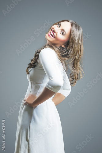 Positive Emotional Brunette Woman Sincerely Laughing