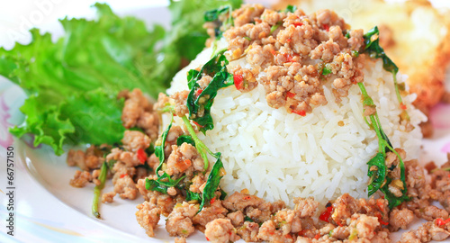 Thai food; Fried pork with white and rice