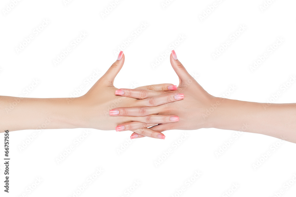 Women's clasped hands.