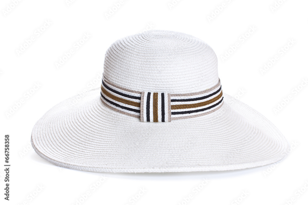 White woman big hat on white background