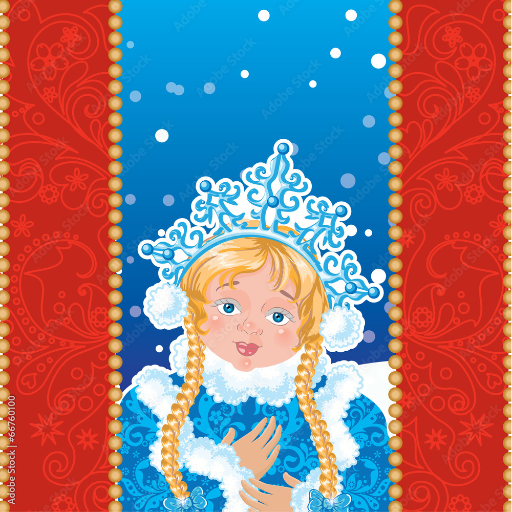Fototapeta premium Snow Maiden on a blue background with white snowflakes.