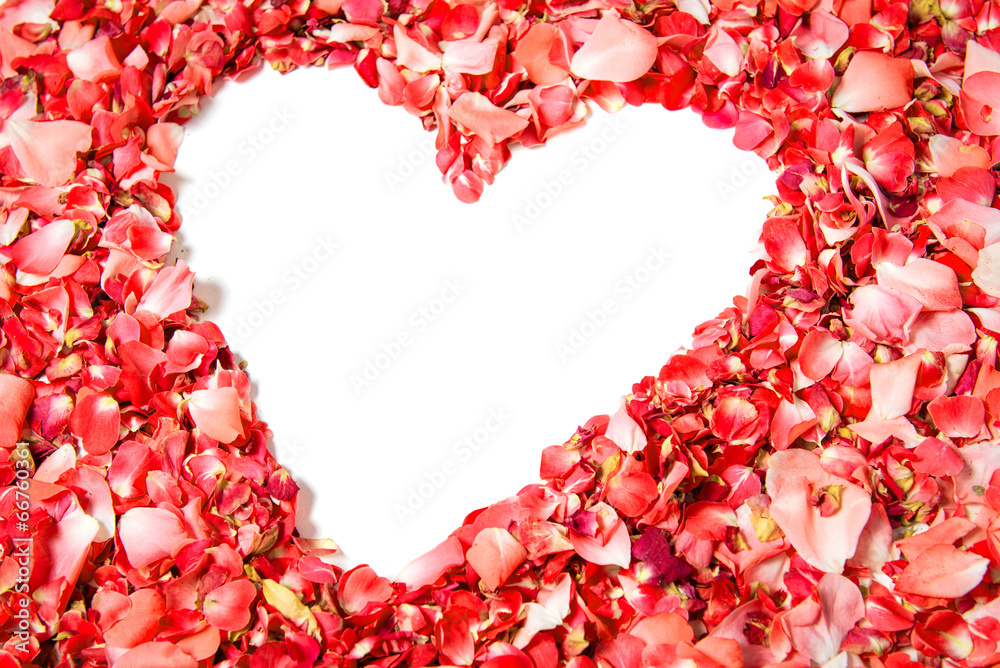 Red rose petals in shape of heart with space for text Red rose petals in shape of heart with space for text