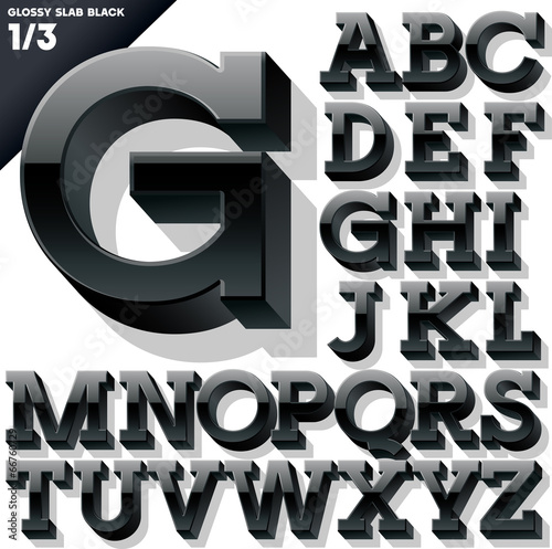 Vector alphabet of simple 3d glossy letters. Slab. Black