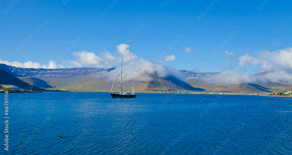 Fototapeta premium Beautiful Icelandic Vibrant Summer Landscape with Fjord, Isafjor